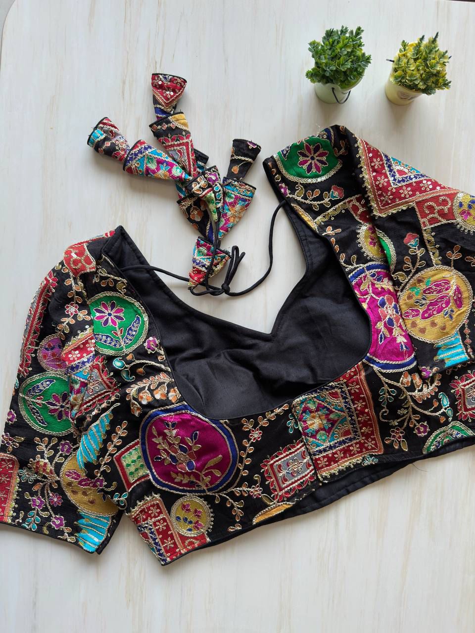 Black color pure chinon cotton readymade blouse with embroidery and sequence work