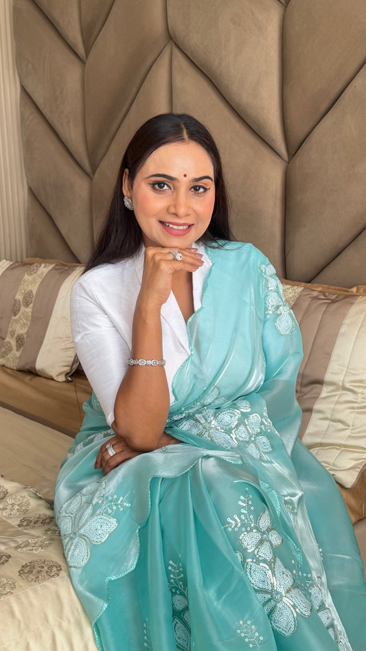Sky Blue Shimmery Tissue Silk Saree with Sequin Motifs