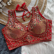 Red silk blouse with embroidery & sequence work.