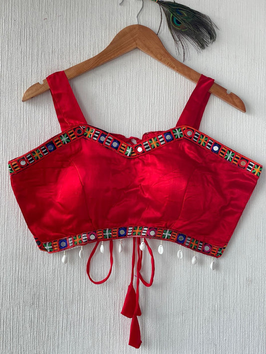 Red gajji silk readymade blouse with embroidery and mirror work.