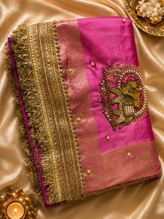 Royal Lavender Tissue Silk Saree with Intricate Handwork & Pearl Detailing