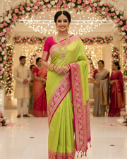 Lime Green Mashru Silk Saree with Pink Border tvisa