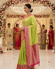 Lime Green Mashru Silk Saree with Pink Border tvisa