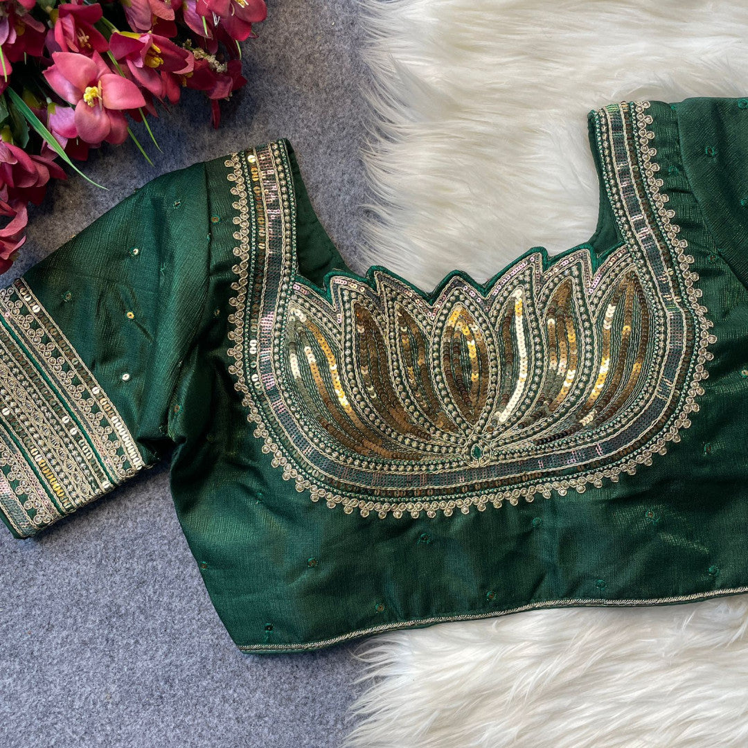 Heavy milan silk with embroidery work green color blouse.
