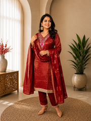 Metallic Maroon Embroidered Kurta Set