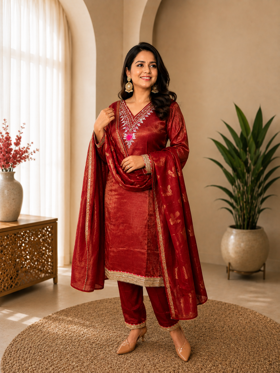 Metallic Maroon Embroidered Kurta Set