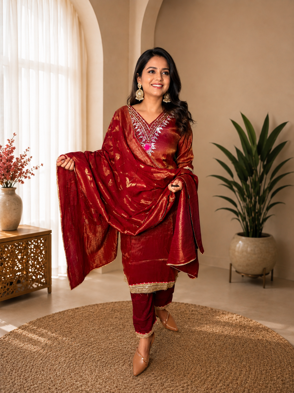 Metallic Maroon Embroidered Kurta Set