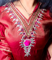 Metallic Maroon Embroidered Kurta Set