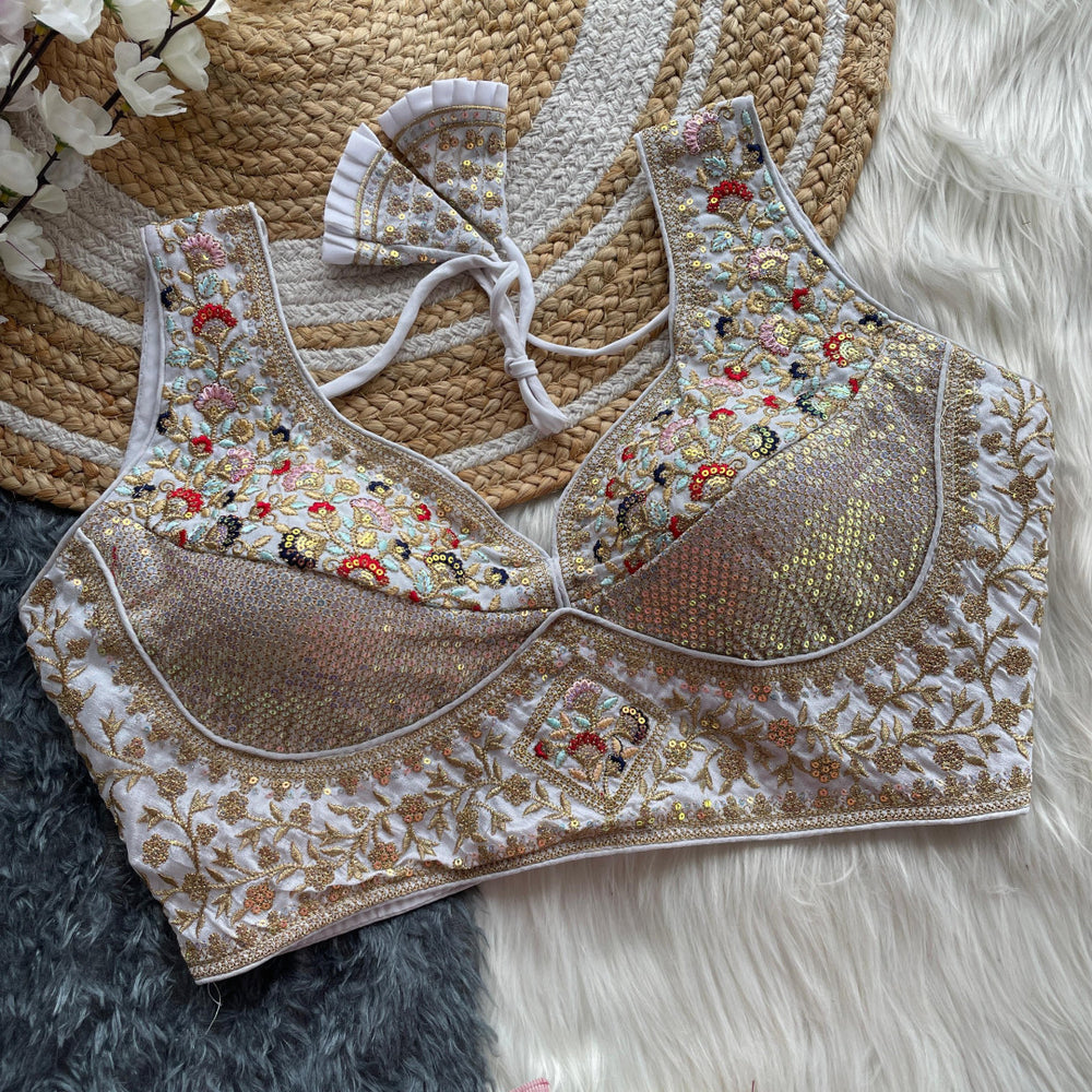 White silk readymade blouse with embroidery & sequence work