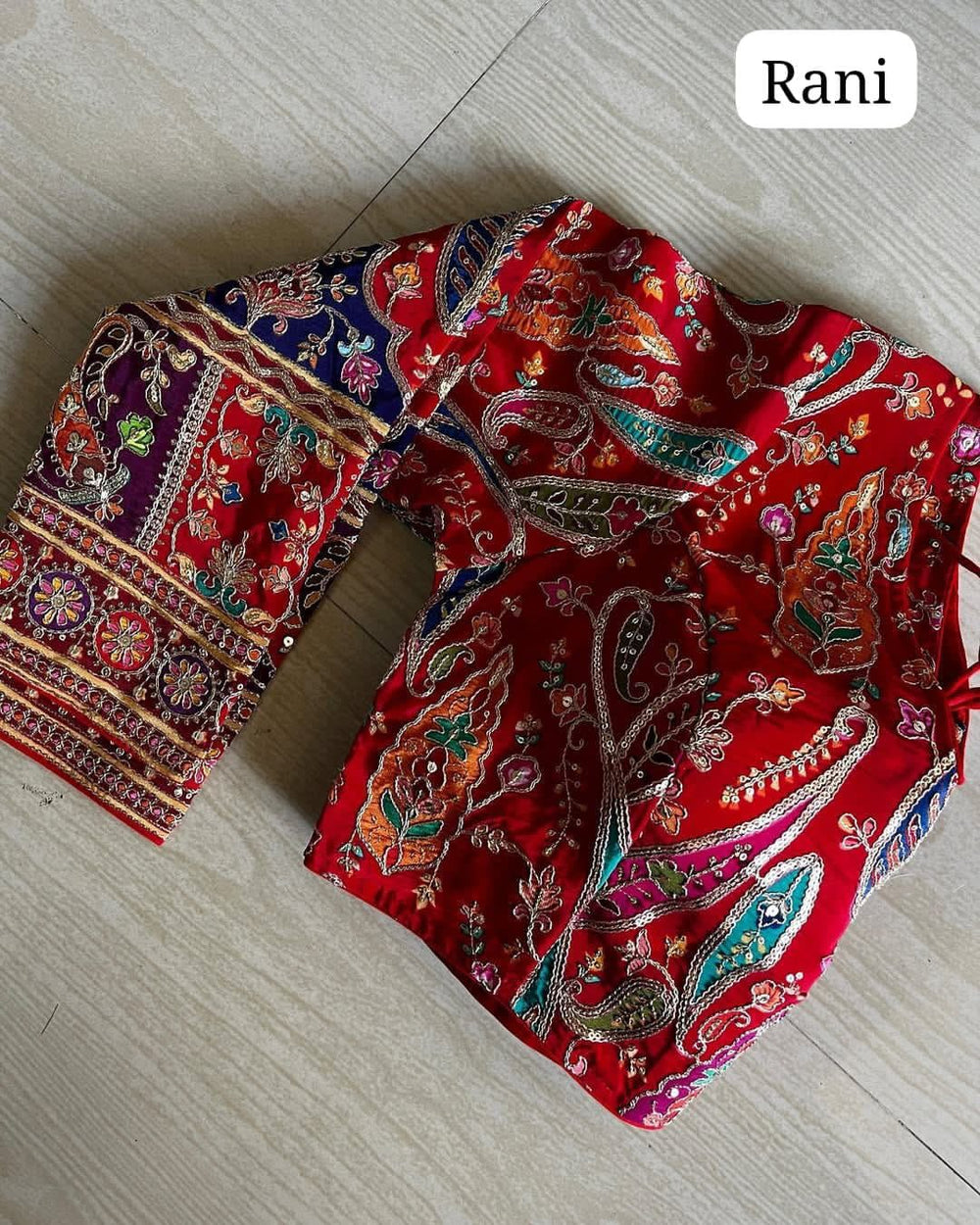 Rani pink pure crepe silk readymade blouse with position printed work