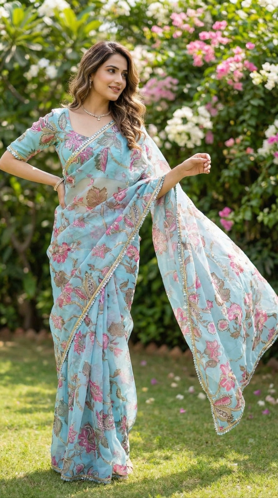 Sky blue georgette saree with Sequence work and mirror work border