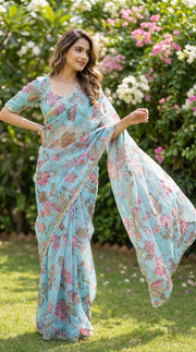 Sky blue georgette saree with Sequence work and mirror work border