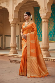 Raw Silk Orange Banarasi Saree with Antique Zari Motifs Unique Threads
