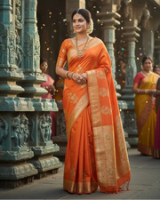 Raw Silk Orange Banarasi Saree with Antique Zari Motifs Unique Threads