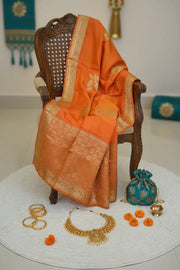 Raw Silk Orange Banarasi Saree with Antique Zari Motifs Unique Threads