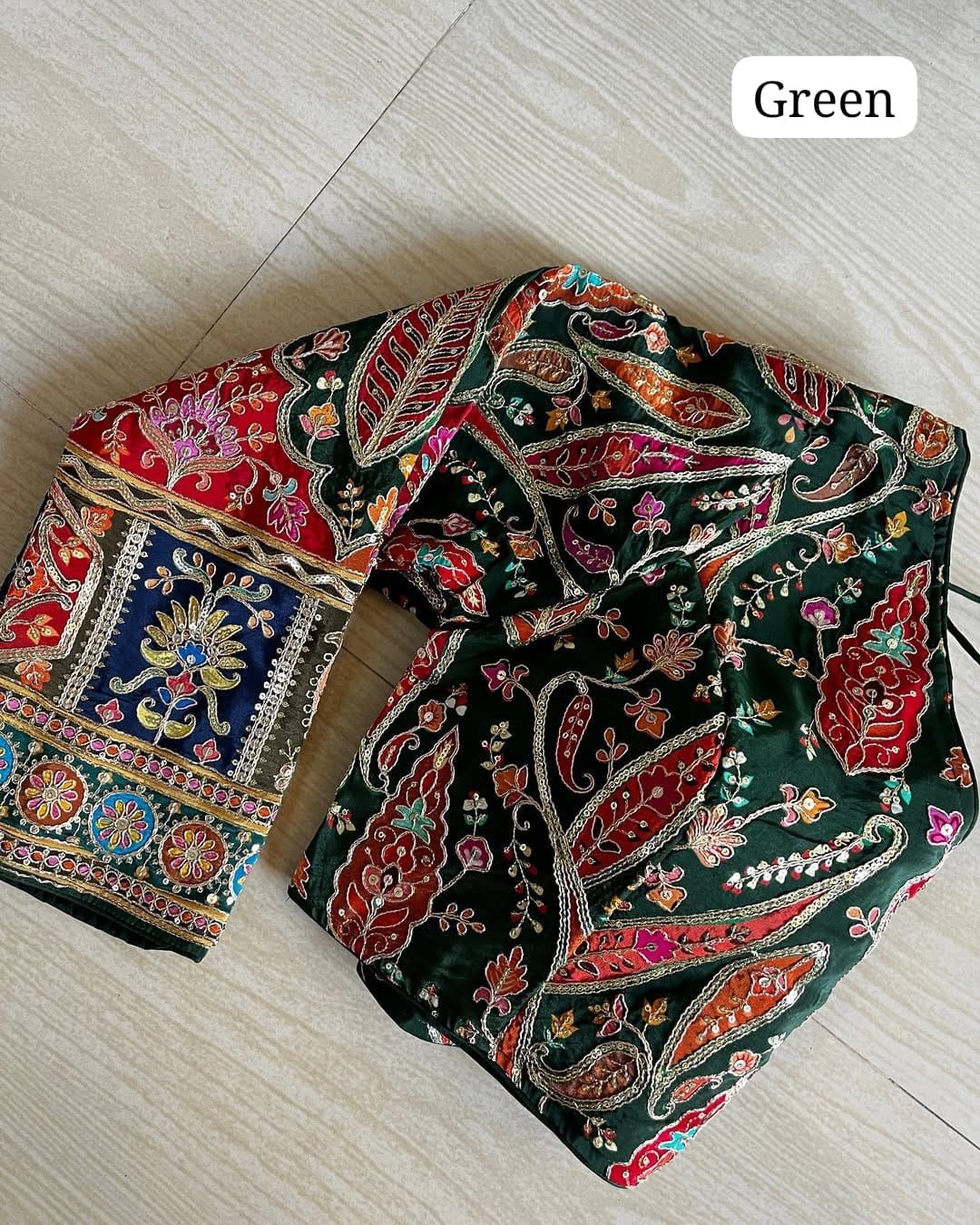 Green pure crepe silk readymade blouse with position printed work.