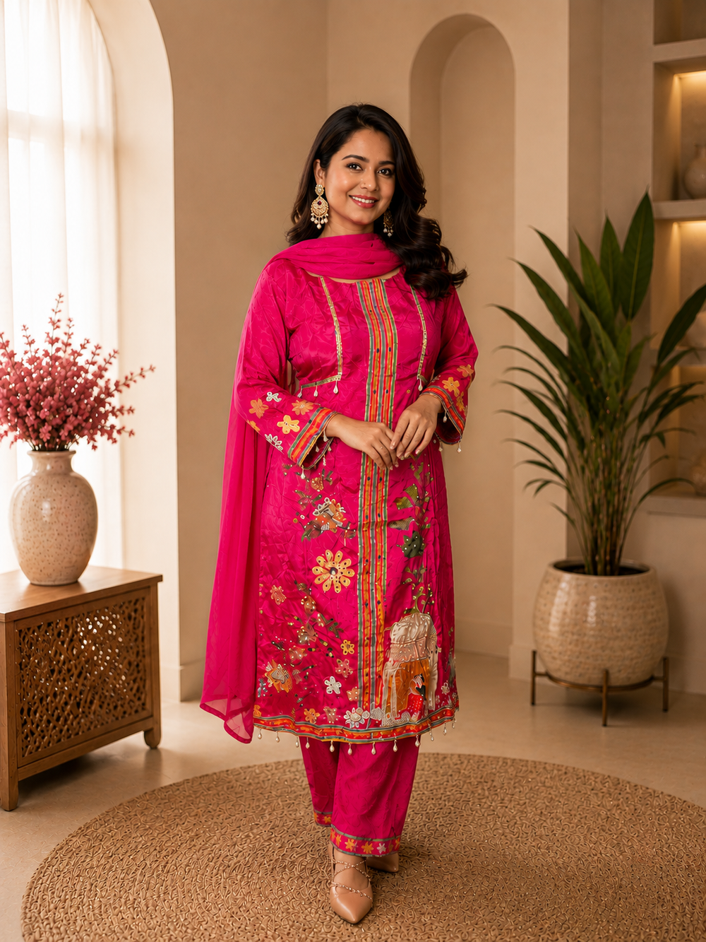 Fuchsia Pink Kurta Pant Set with Dupatta