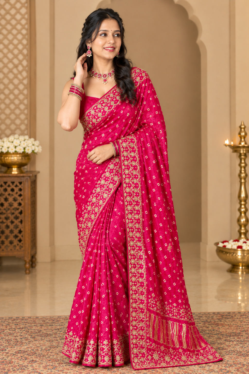 Pink Gajji Silk Bandhani Saree with Handwork