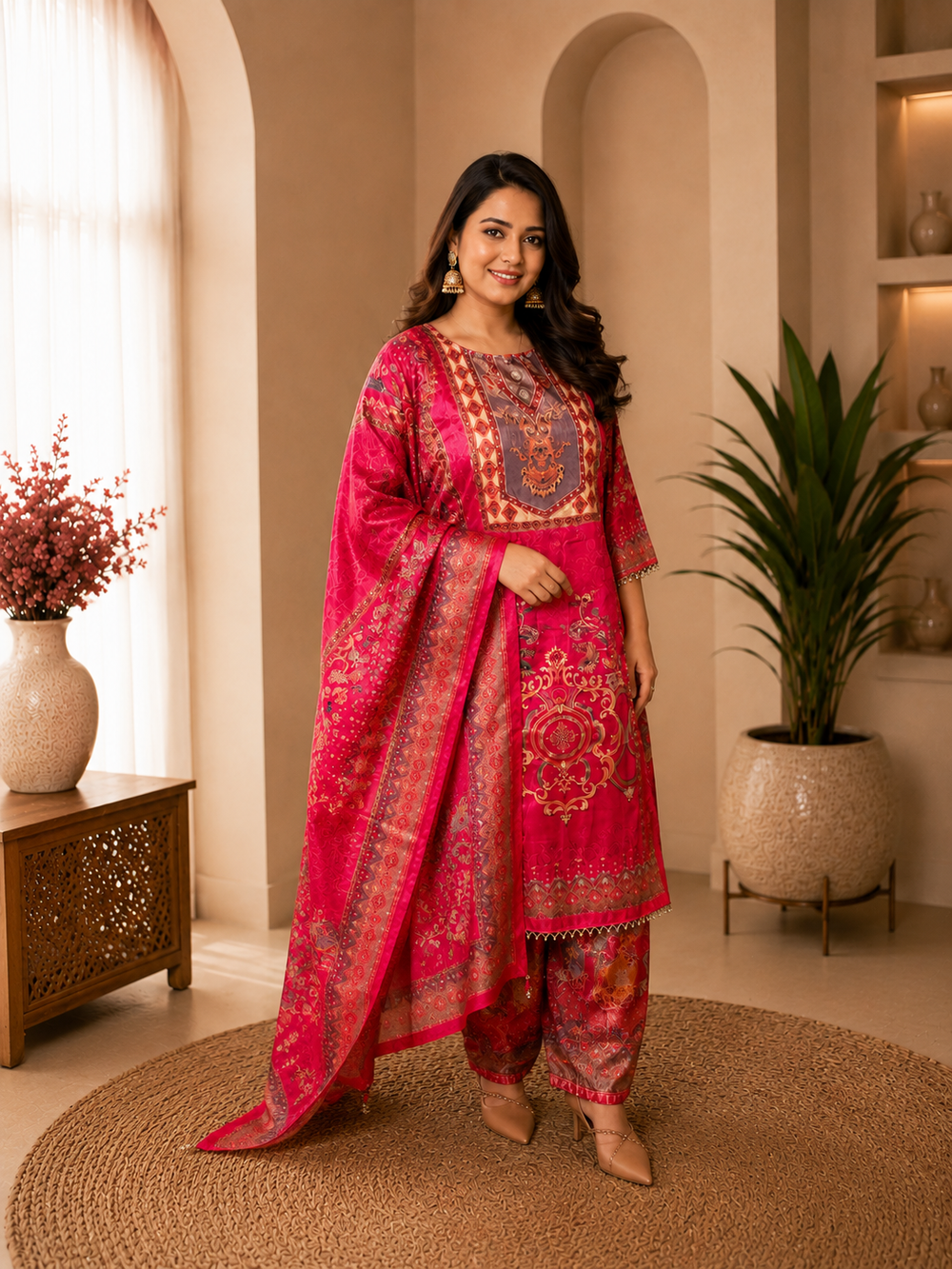 Pink Printed & Embroidered Kurta Pant Set with Dupatta