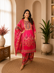 Pink Printed & Embroidered Kurta Pant Set with Dupatta