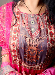 Pink Printed & Embroidered Kurta Pant Set with Dupatta