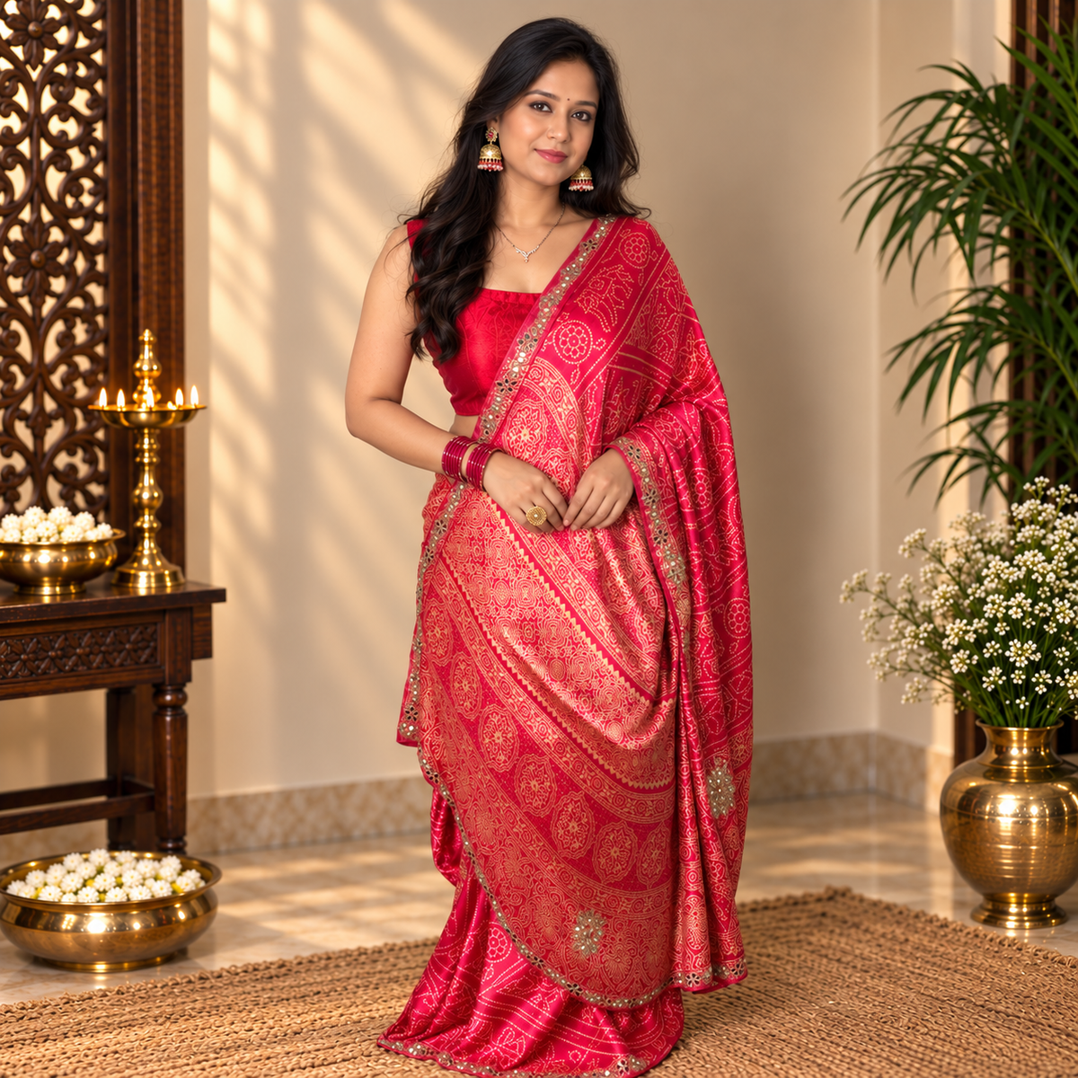 Pink ajrakh saree with gold handwork - front view