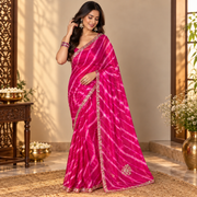 Pink leheriya saree with zardosi handwork - front view
