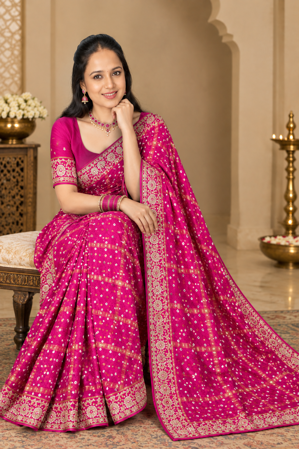 Pink Gajji Modal Silk Gharchola Saree with Handwork
