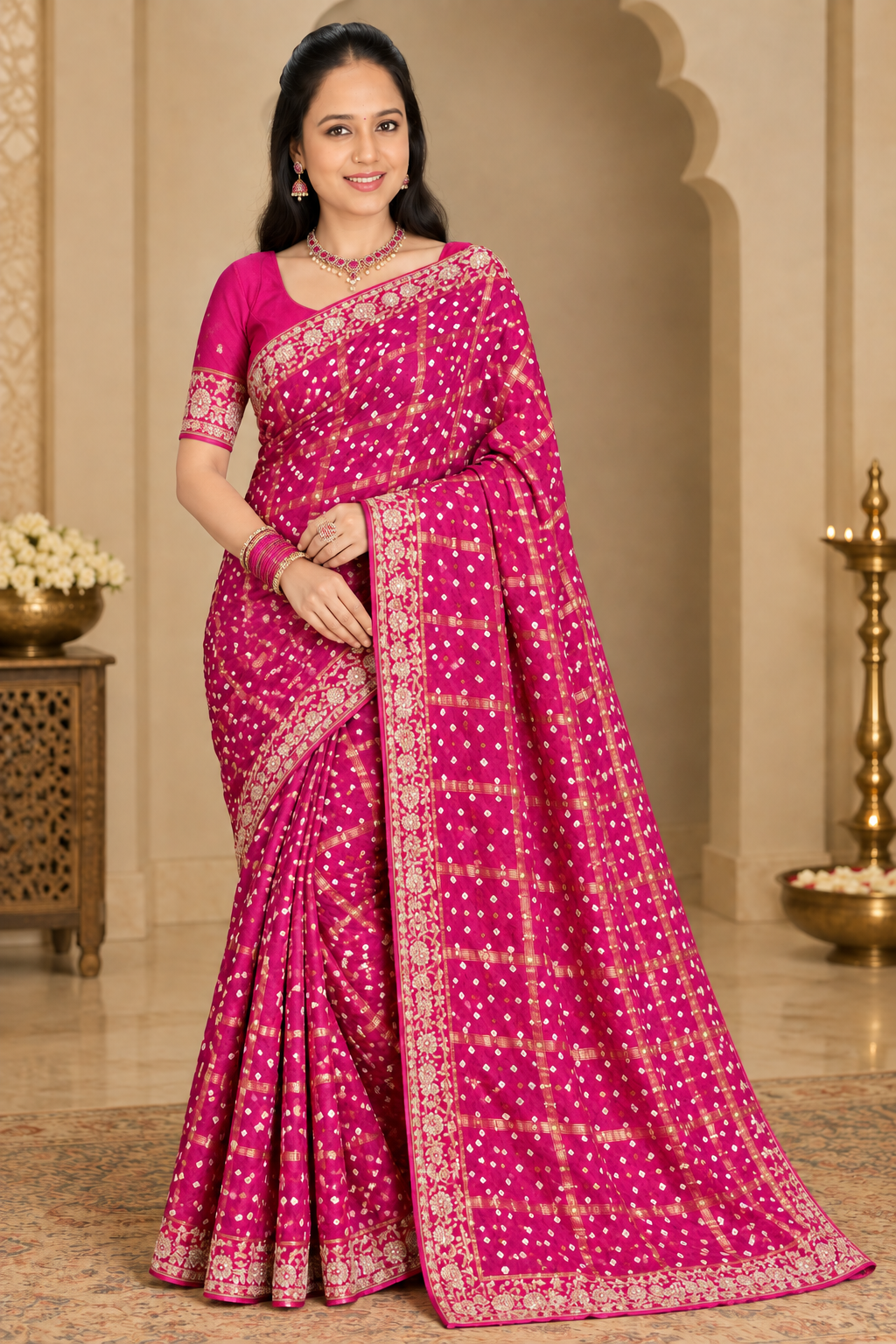 Pink Gajji Modal Silk Gharchola Saree with Handwork