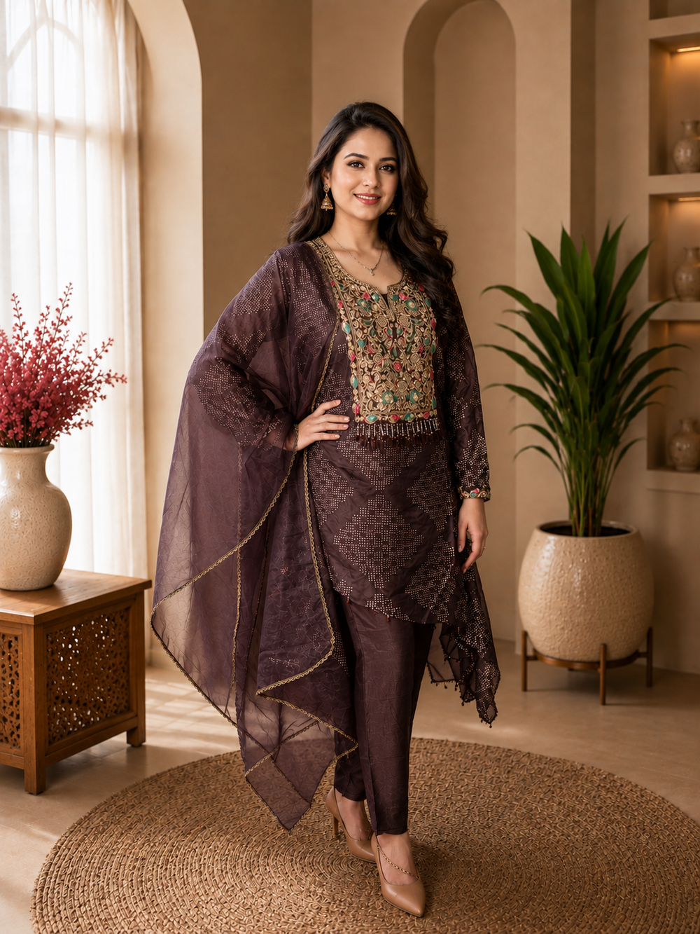 Plum Embroidered Asymmetrical Kurta Pant Set with Sheer Dupatta