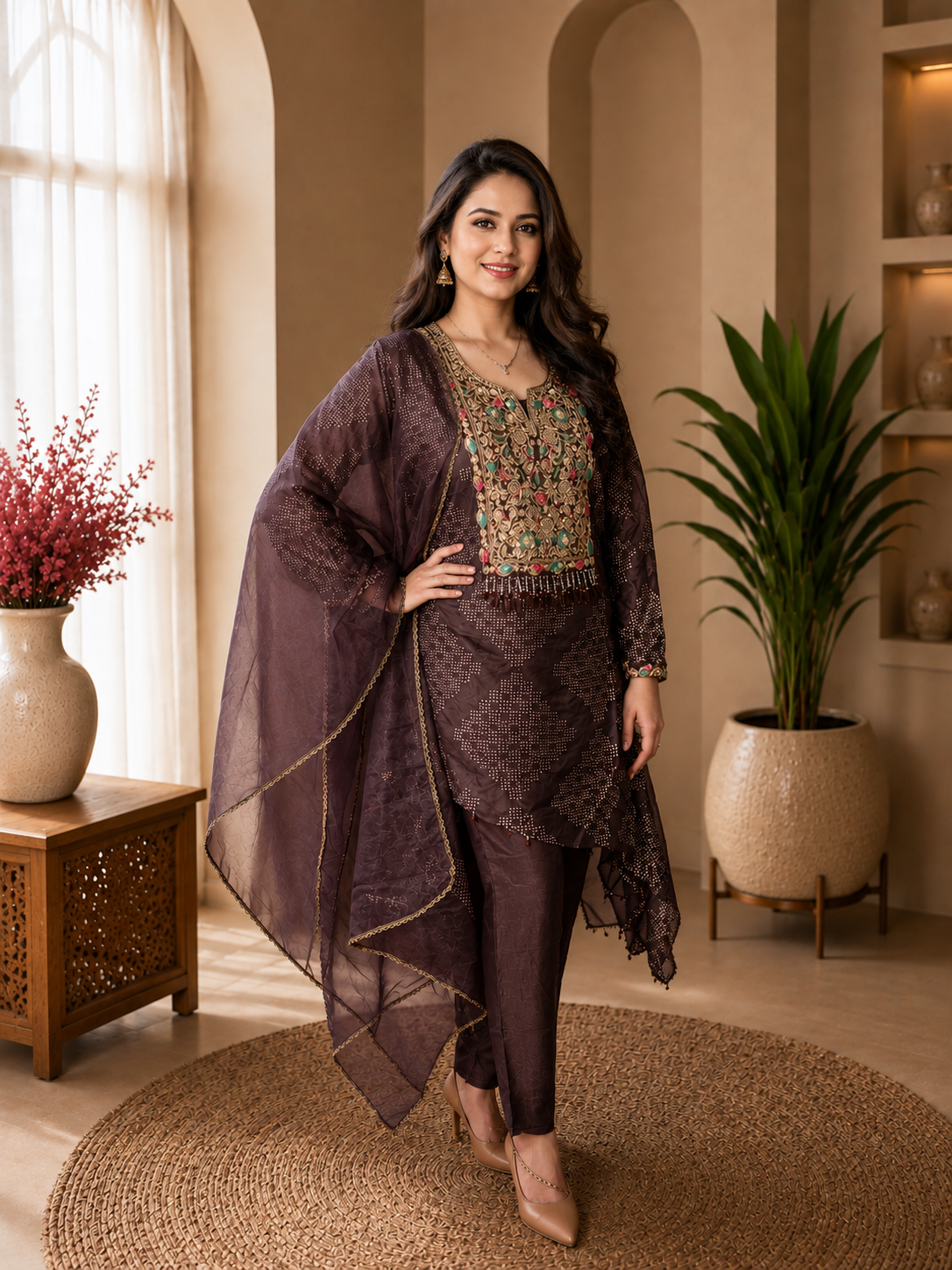 Plum Embroidered Asymmetrical Kurta Pant Set with Sheer Dupatta