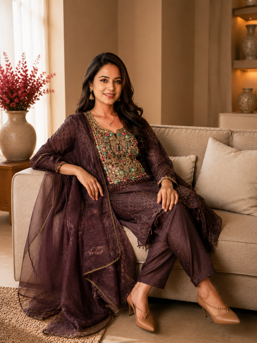 Plum Embroidered Asymmetrical Kurta Pant Set with Sheer Dupatta