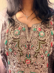 Plum Embroidered Asymmetrical Kurta Pant Set with Sheer Dupatta