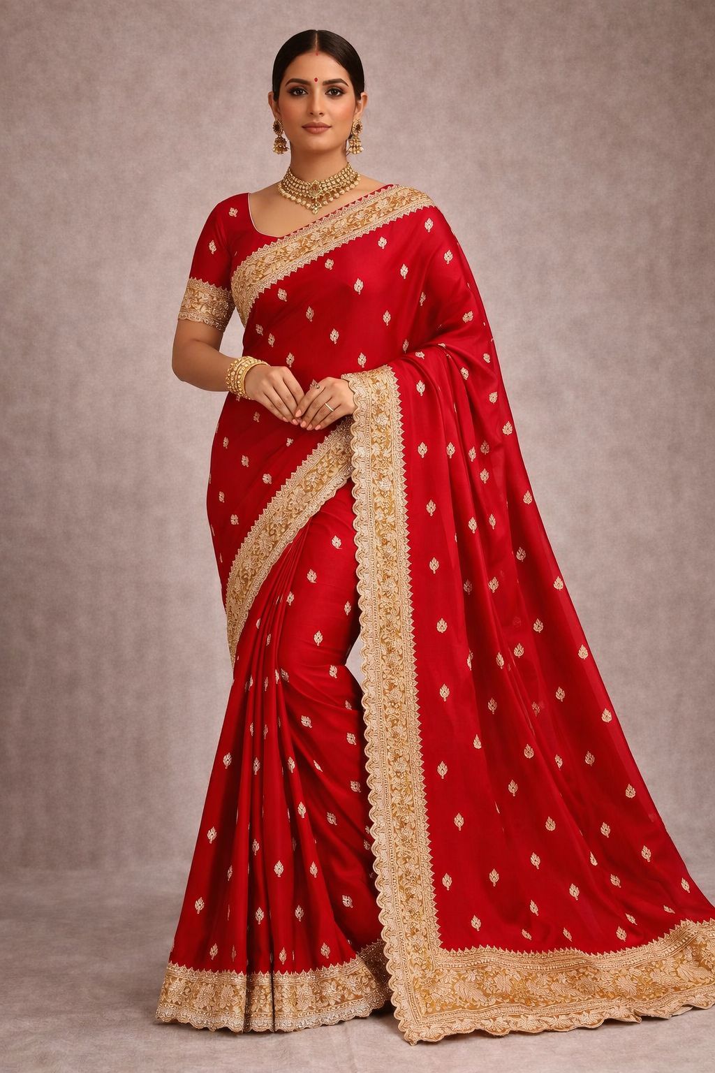 Pure Katan Silk Red Saree with Lace Border.