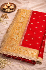 Pure Katan Silk Red Saree with Lace Border.