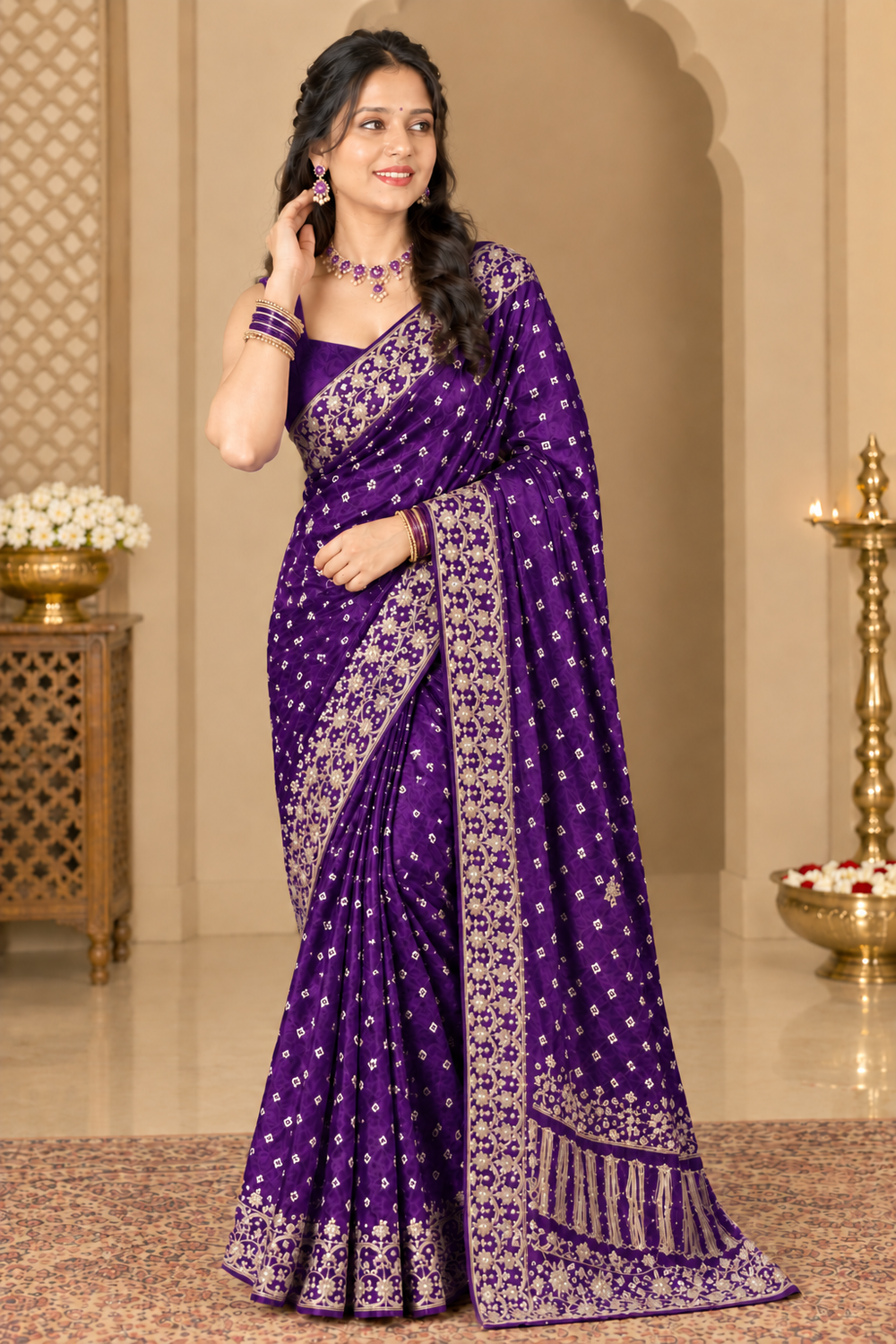 Purple Gajji Silk Bandhani Saree with Handwork