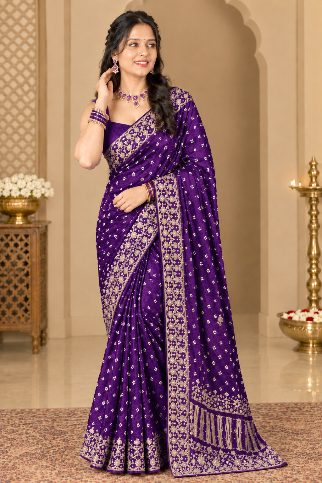 Purple Gajji Silk Bandhani Saree with Handwork