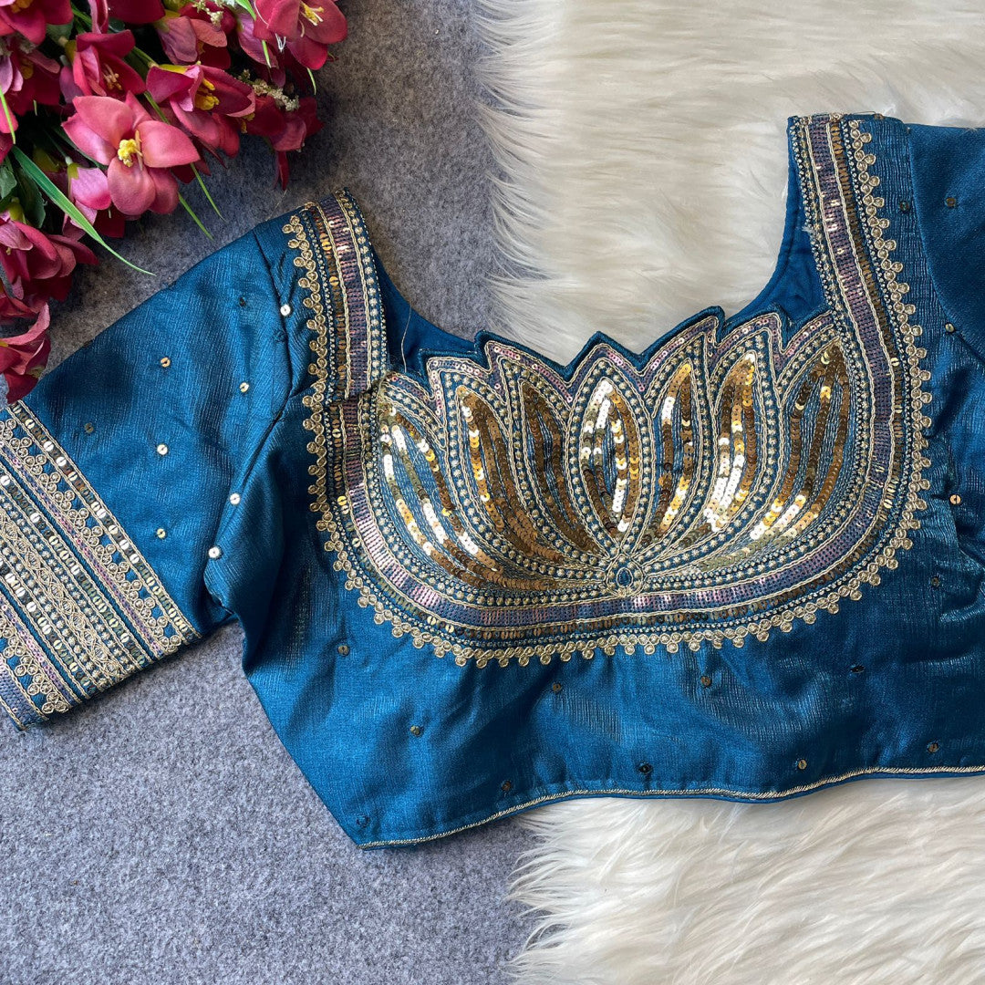 Heavy milan silk with embroidery work blue color blouse.