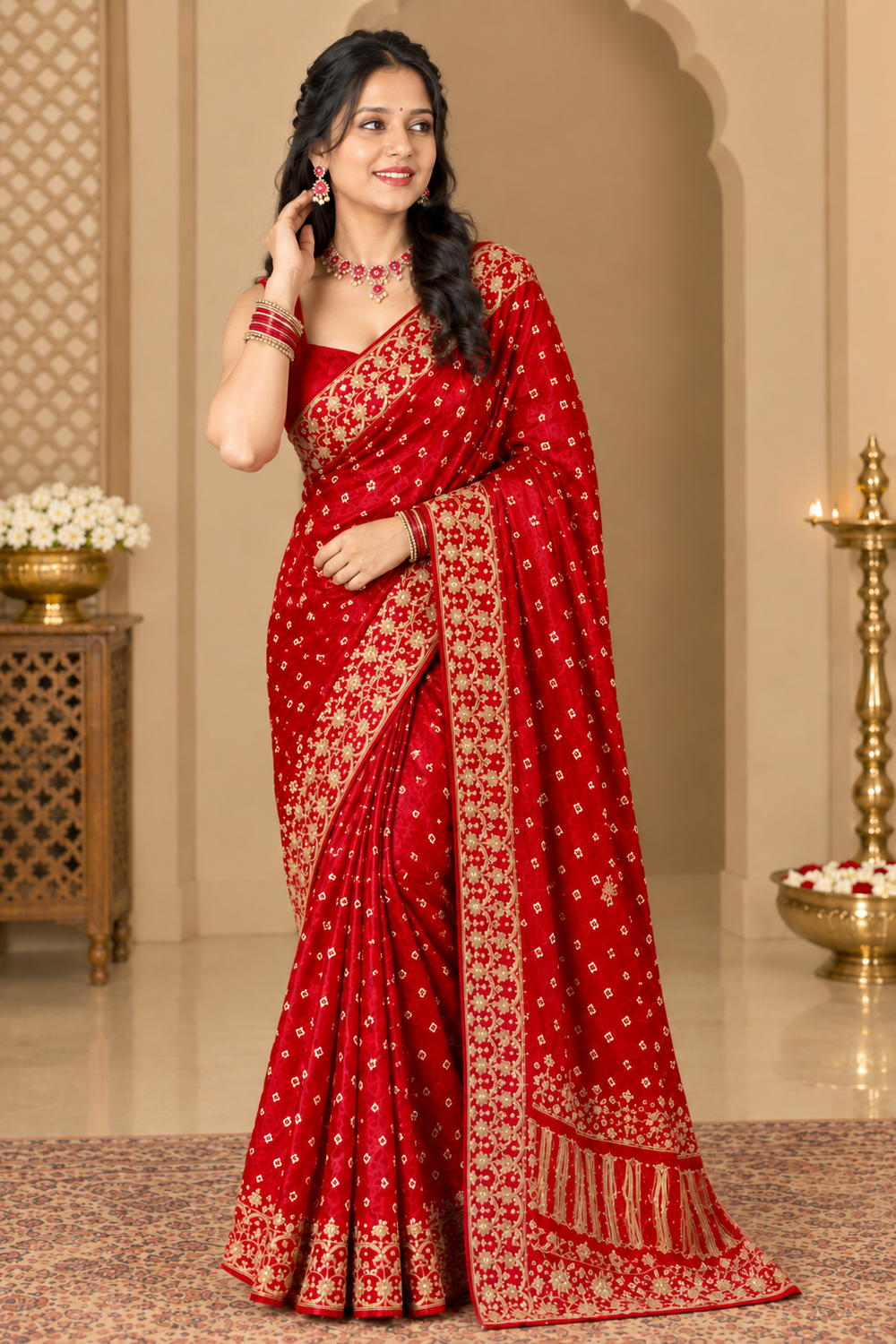 Red Gajji Silk Bandhani Saree with Handwork