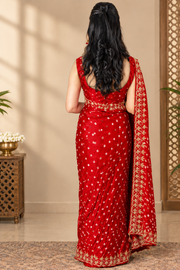 Red Gajji Silk Bandhani Saree with Handwork