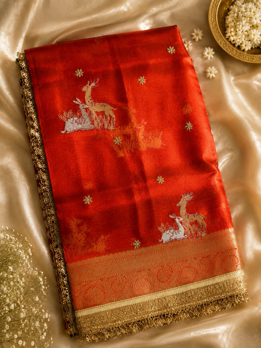 Royal Metallic Red Tissue Silk Saree with Zari Border & Artistic Motifs