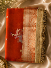 Royal Metallic Red Tissue Silk Saree with Zari Border & Artistic Motifs