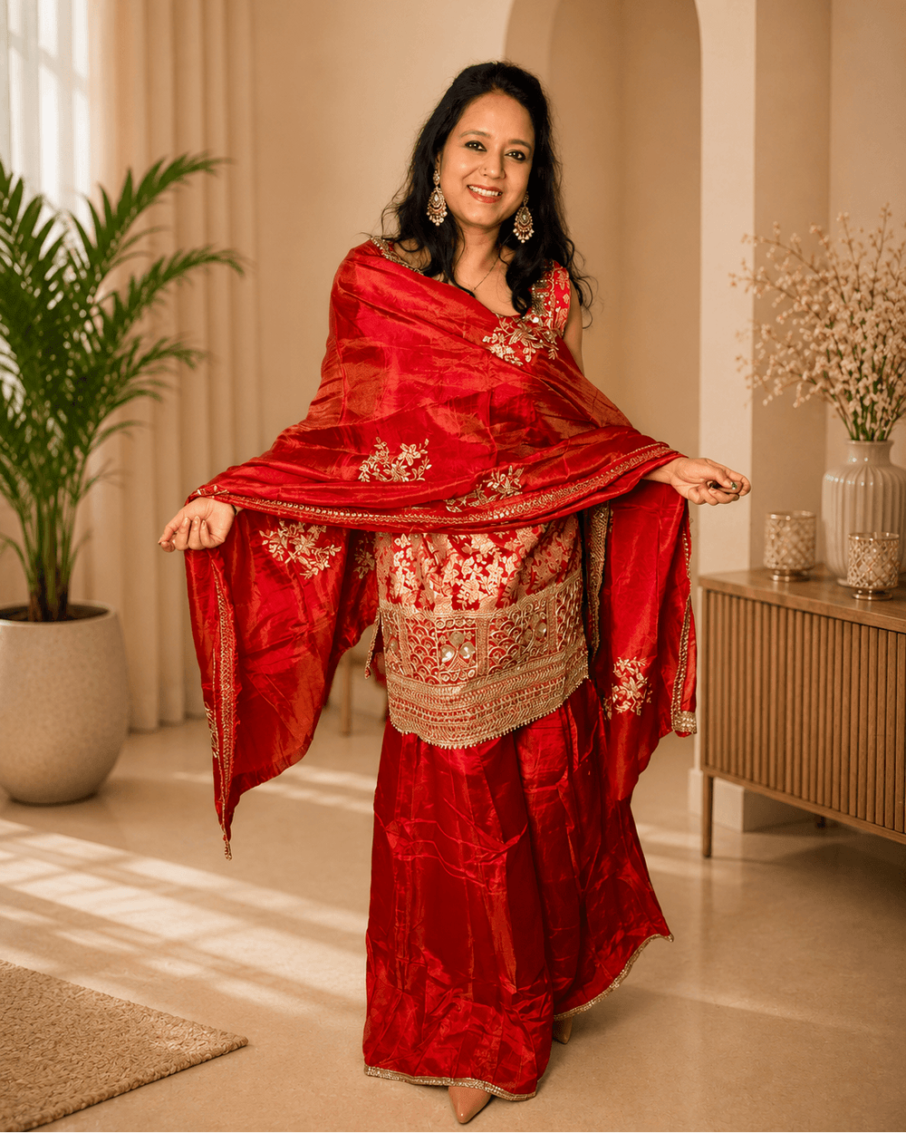 Red Banarasi Silk Embroidered Kurta Sharara Set with Dupatta