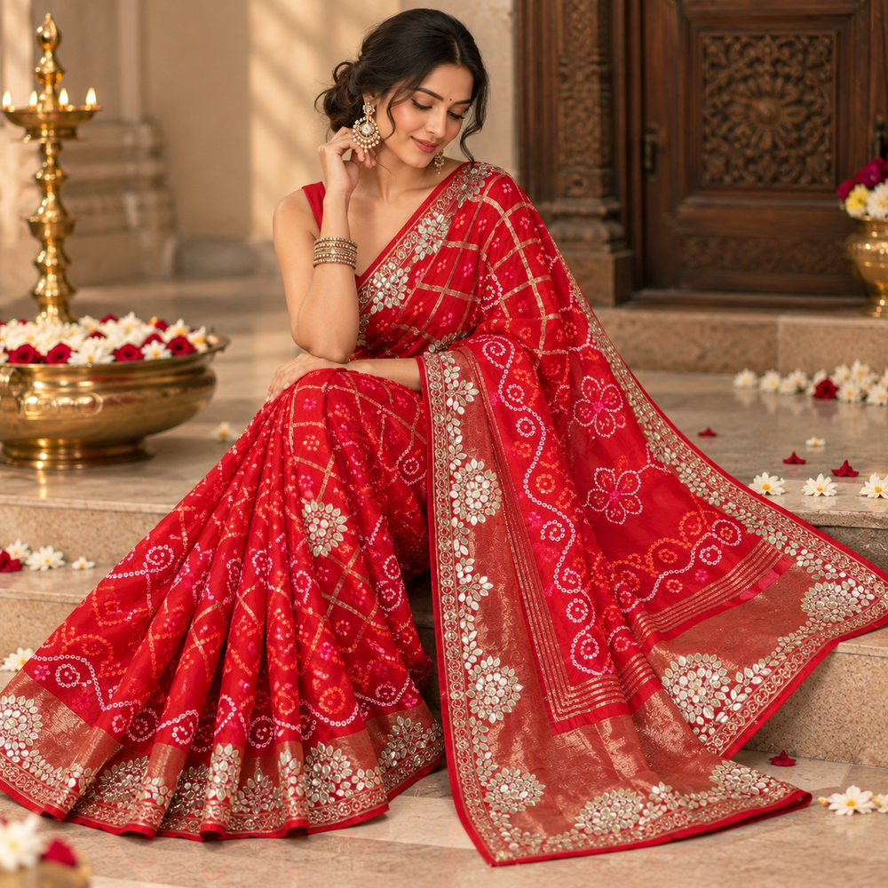 Red Bandhani Saree with Embellished Border