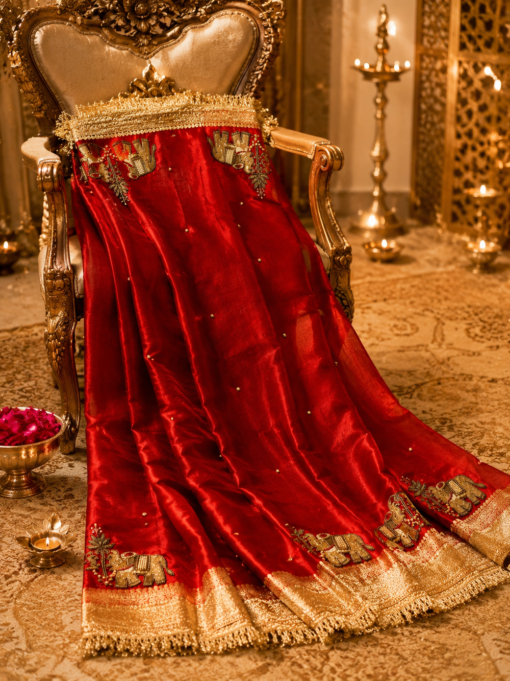 Crimson Red Tissue Silk Saree with Intricate Gold Handwork