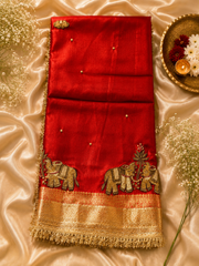 Crimson Red Tissue Silk Saree with Intricate Gold Handwork