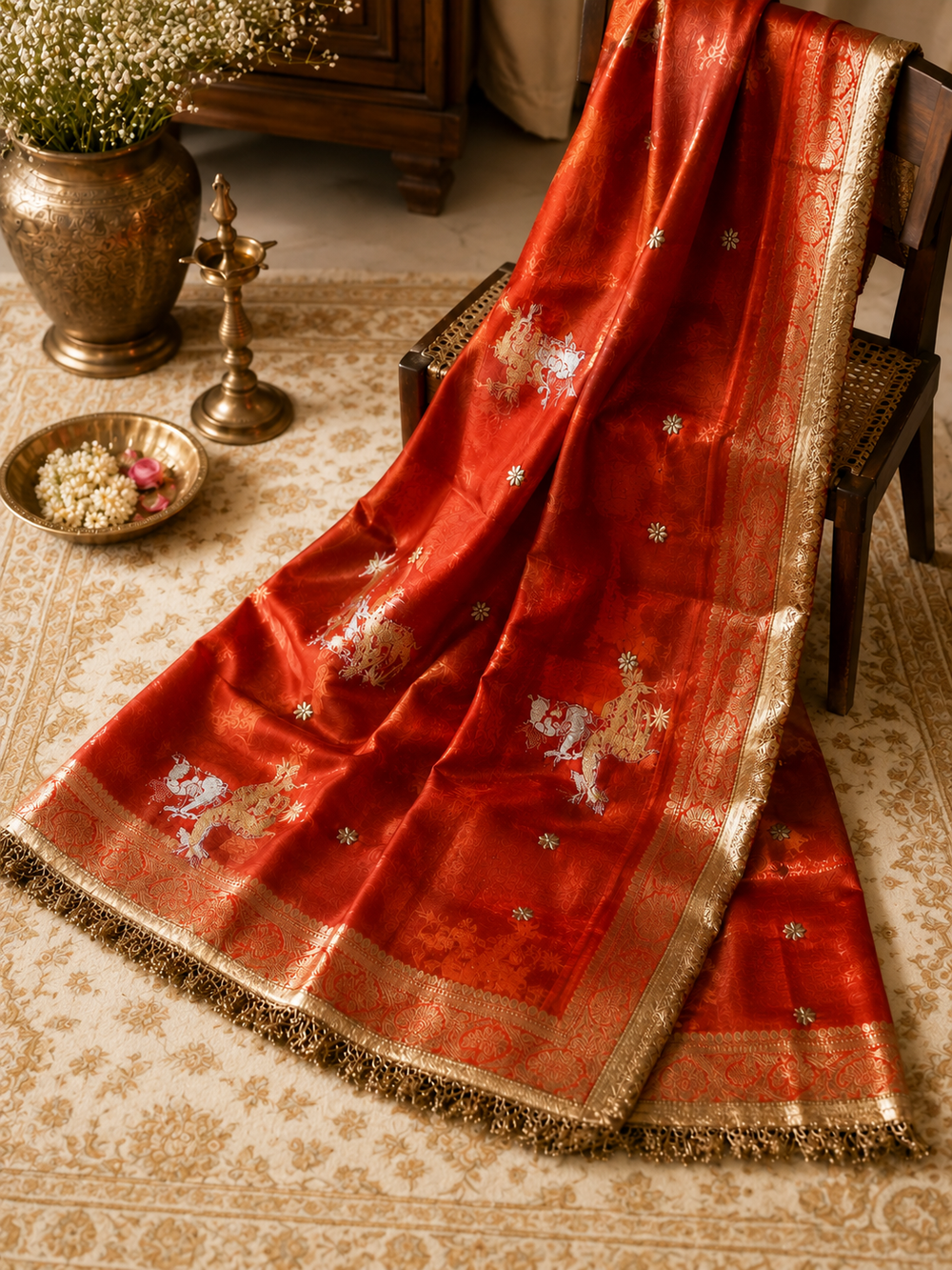 Red Tissue Silk Saree with Golden Border for Weddings