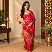 Red Bandhani Saree with Handwork and Embellished Border