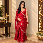 Red Bandhani Saree with Handwork and Embellished Border
