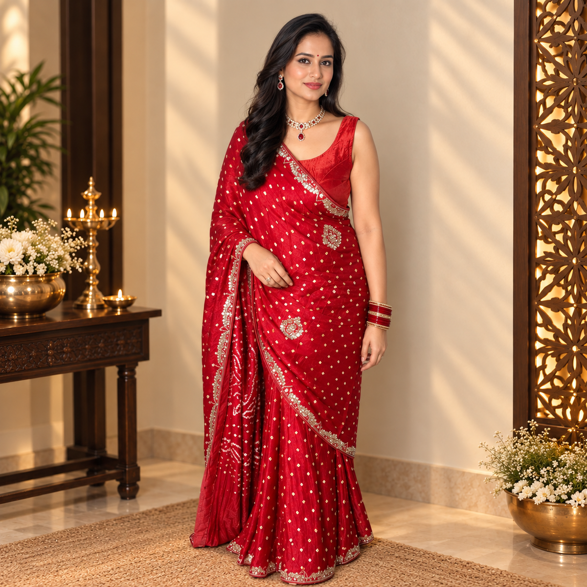 Red Bandhani Saree with Handwork and Embellished Border